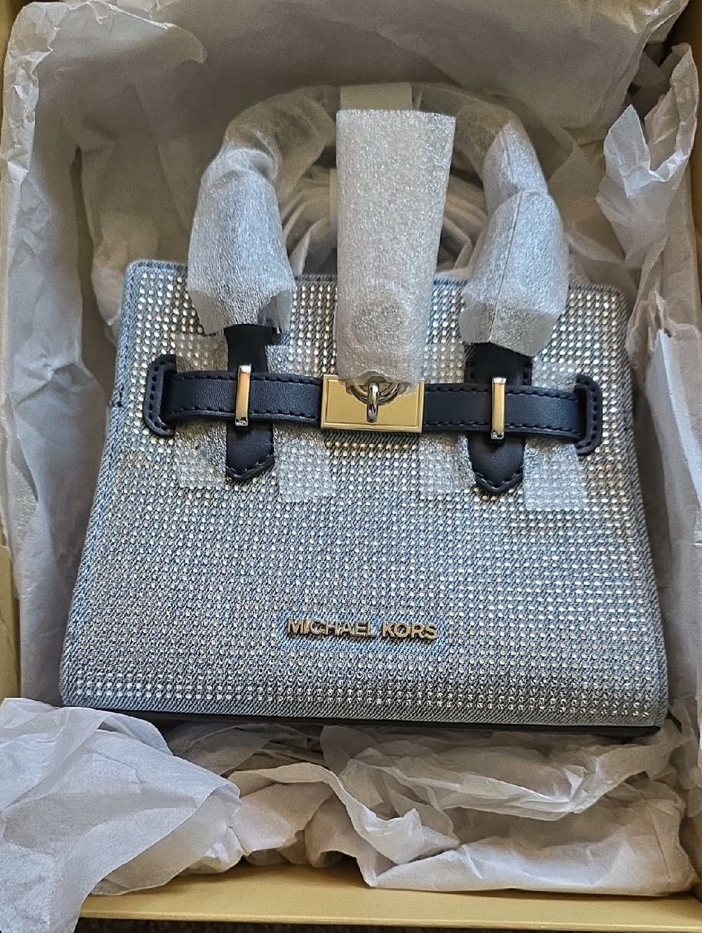 Michael MICHAEL KORS Silver Sparkle Satchel with Black Strap Accents